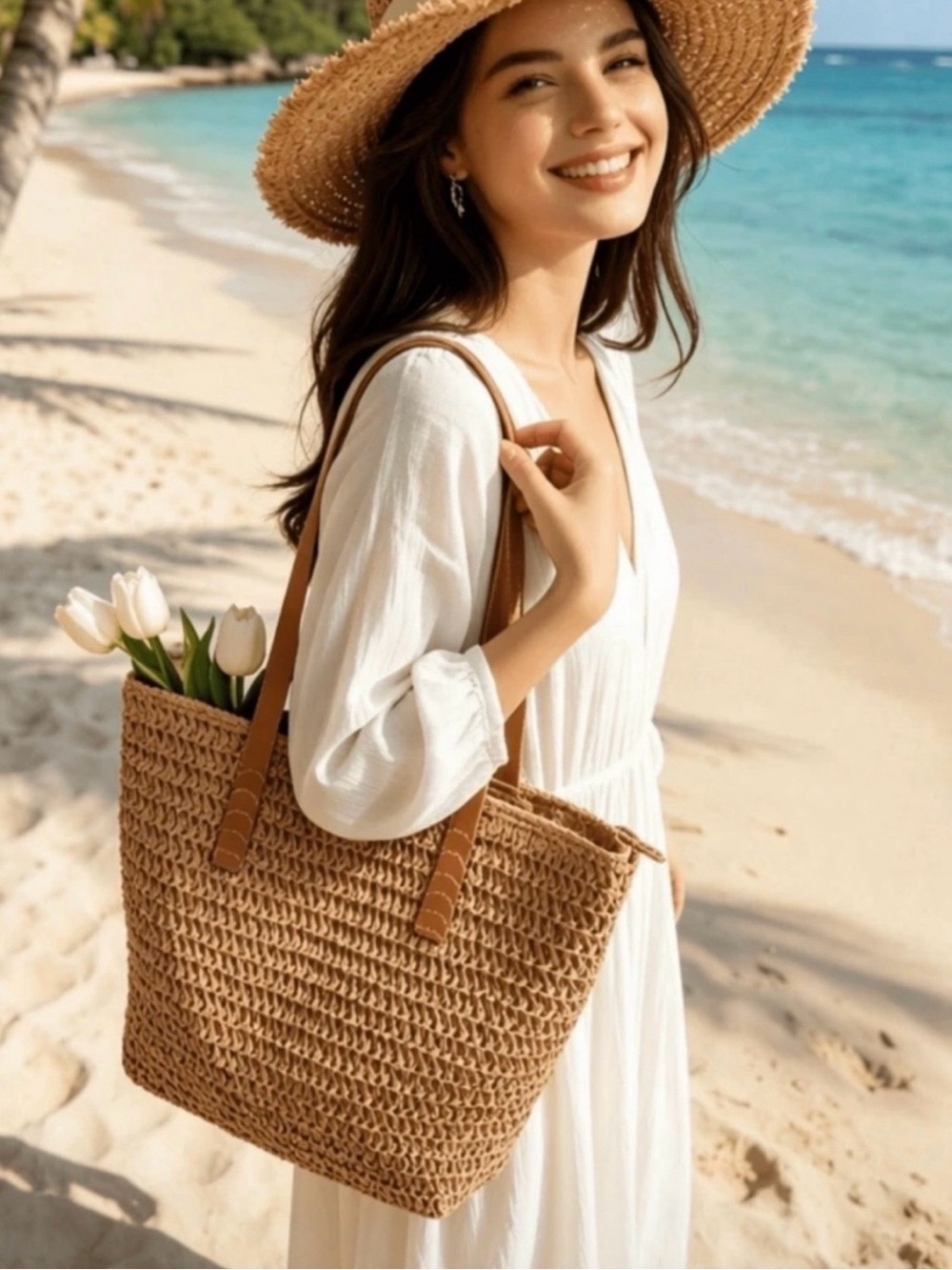 Natural Woven Tote with Tan Handles - Picture 2 of 7